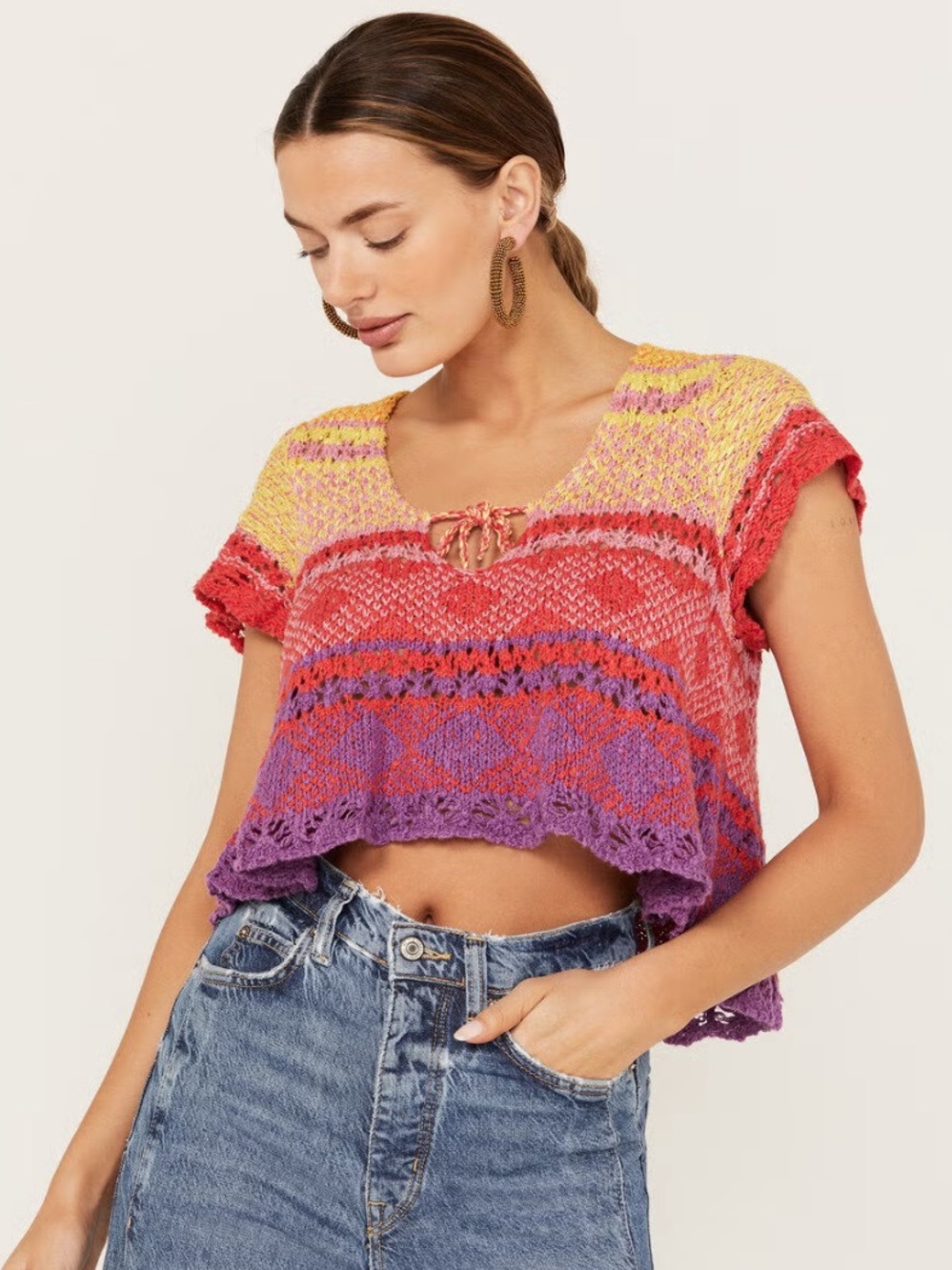 NewFree People Multicolor Crochet Tie-Front Crop Top